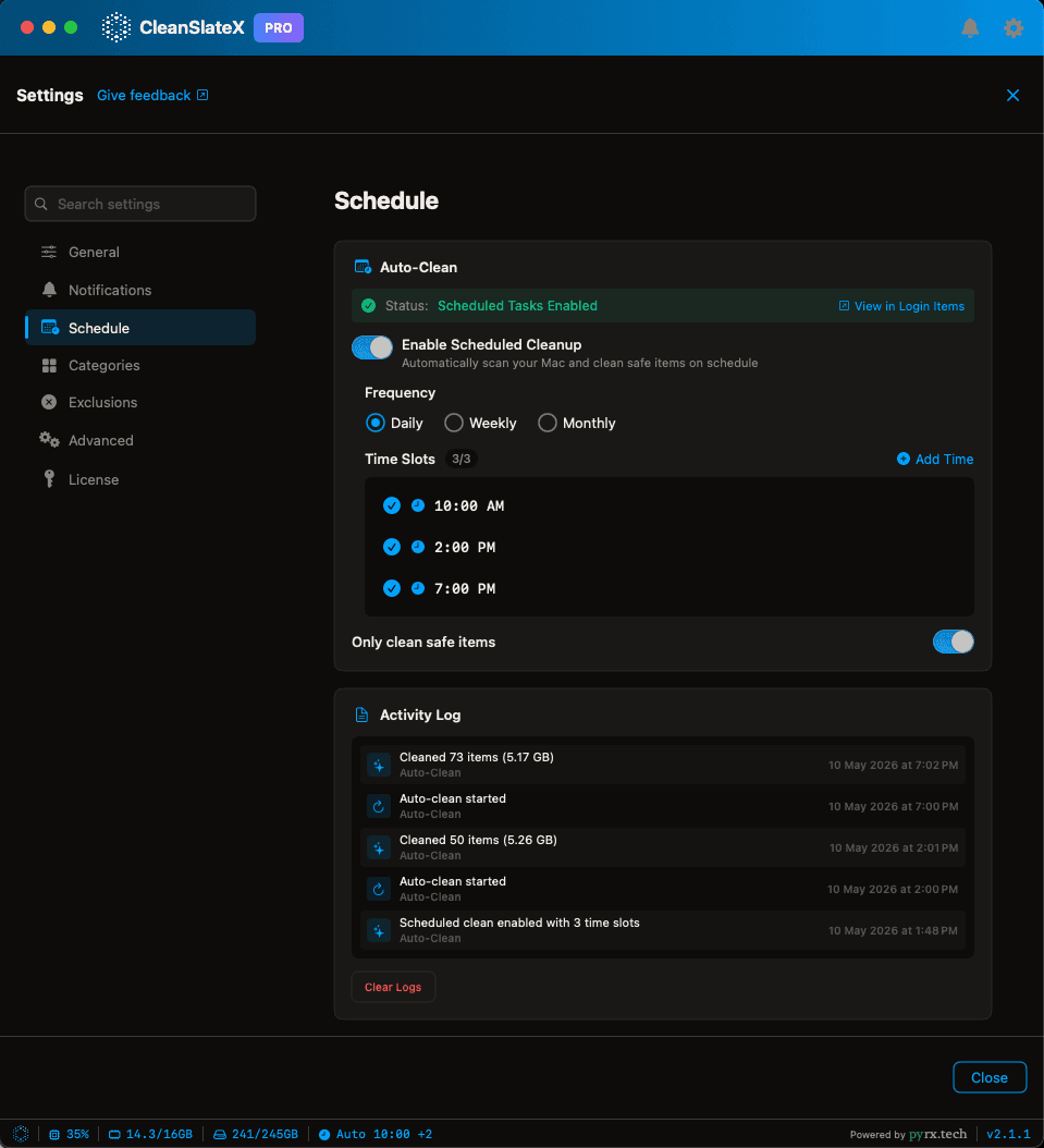 CleanSlateX Schedule settings showing daily auto-clean with 3 time slots (10:00 AM, 2:00 PM, 7:00 PM) and activity log