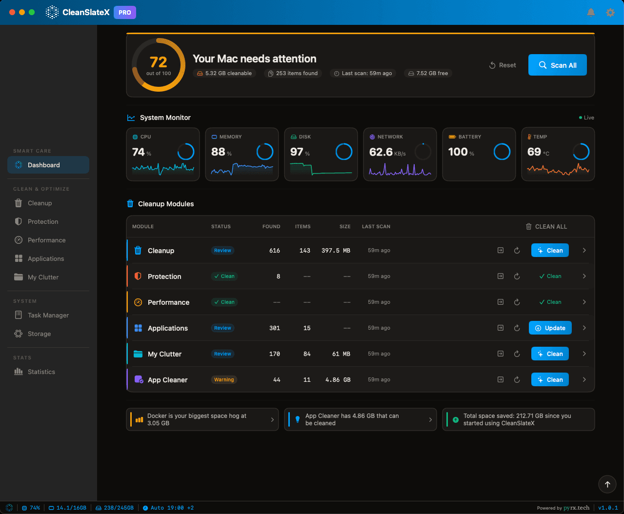 CleanSlateX Smart Care Dashboard with three annotations: scan button, modules list, and clean button