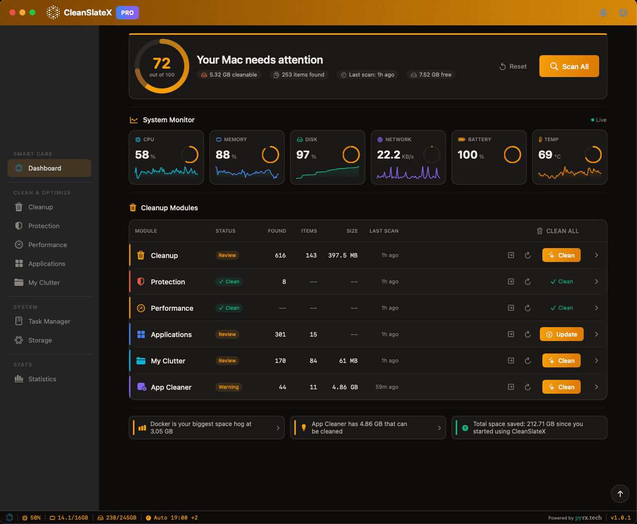 CleanSlateX dashboard in Dark mode, Amber accent