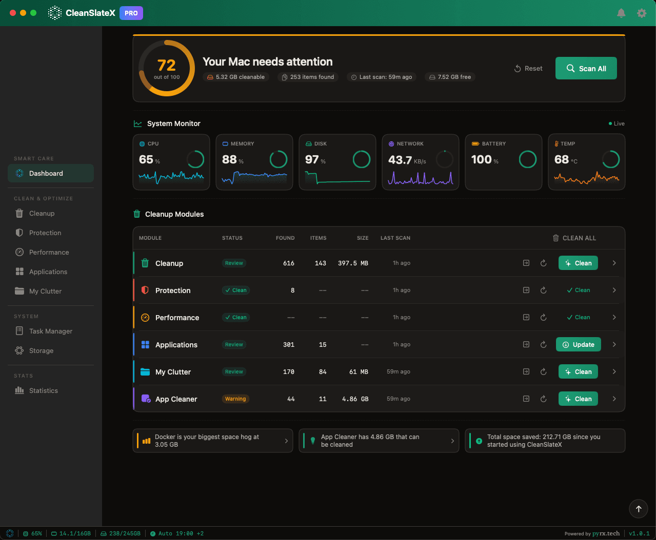 CleanSlateX dashboard in Dark mode, Teal accent