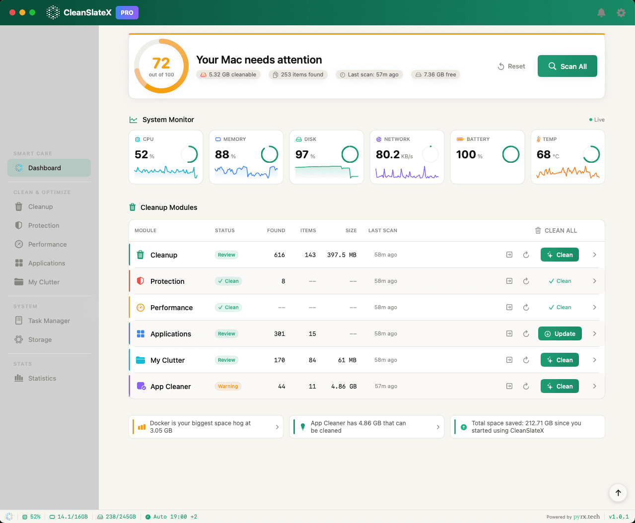 CleanSlateX dashboard in Light mode, Teal accent